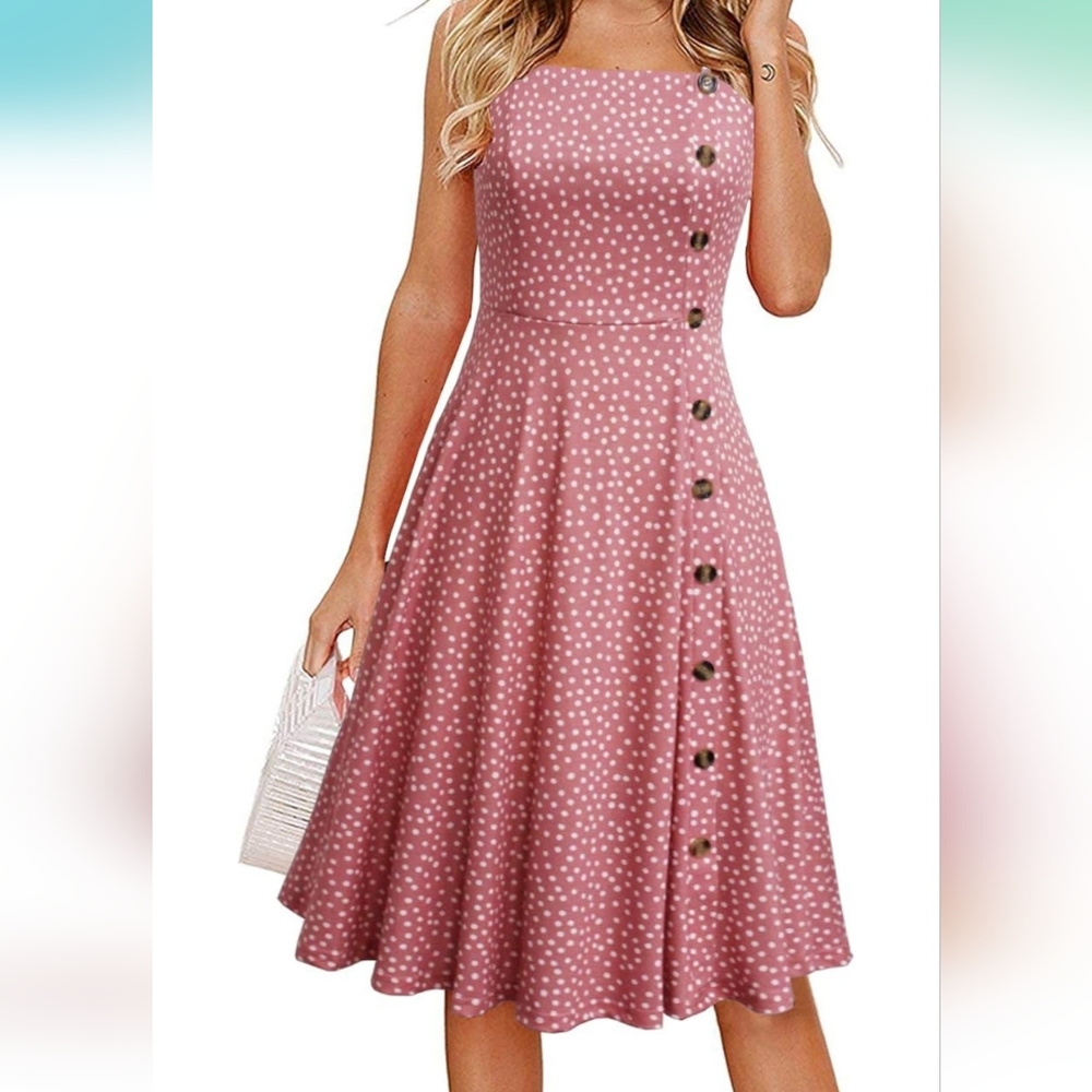 Pink Polka Dot A - Line Spaghetti Strap Cotton Button Down Midi Sundress